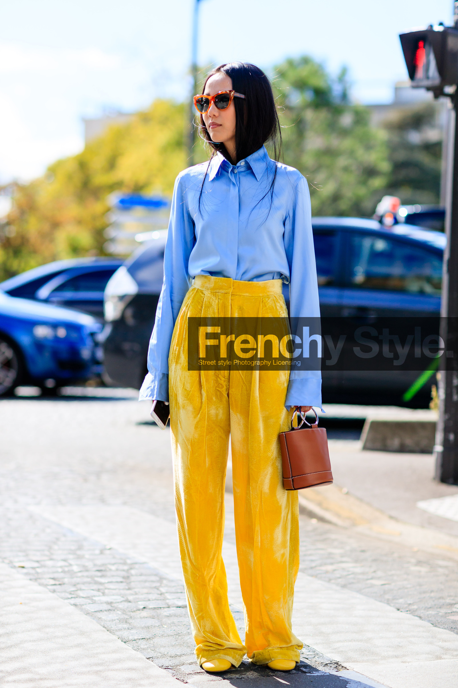 blue shirt, brown bag, fashion week, frenchystyle, full length, FW, jonathan paciullo, leather bag, PARIS, PFW, SPRING SUMMER 2017, SS 17, street style, sunglasses, trousers, velvet, vertical, yellow pants, yoyo cao