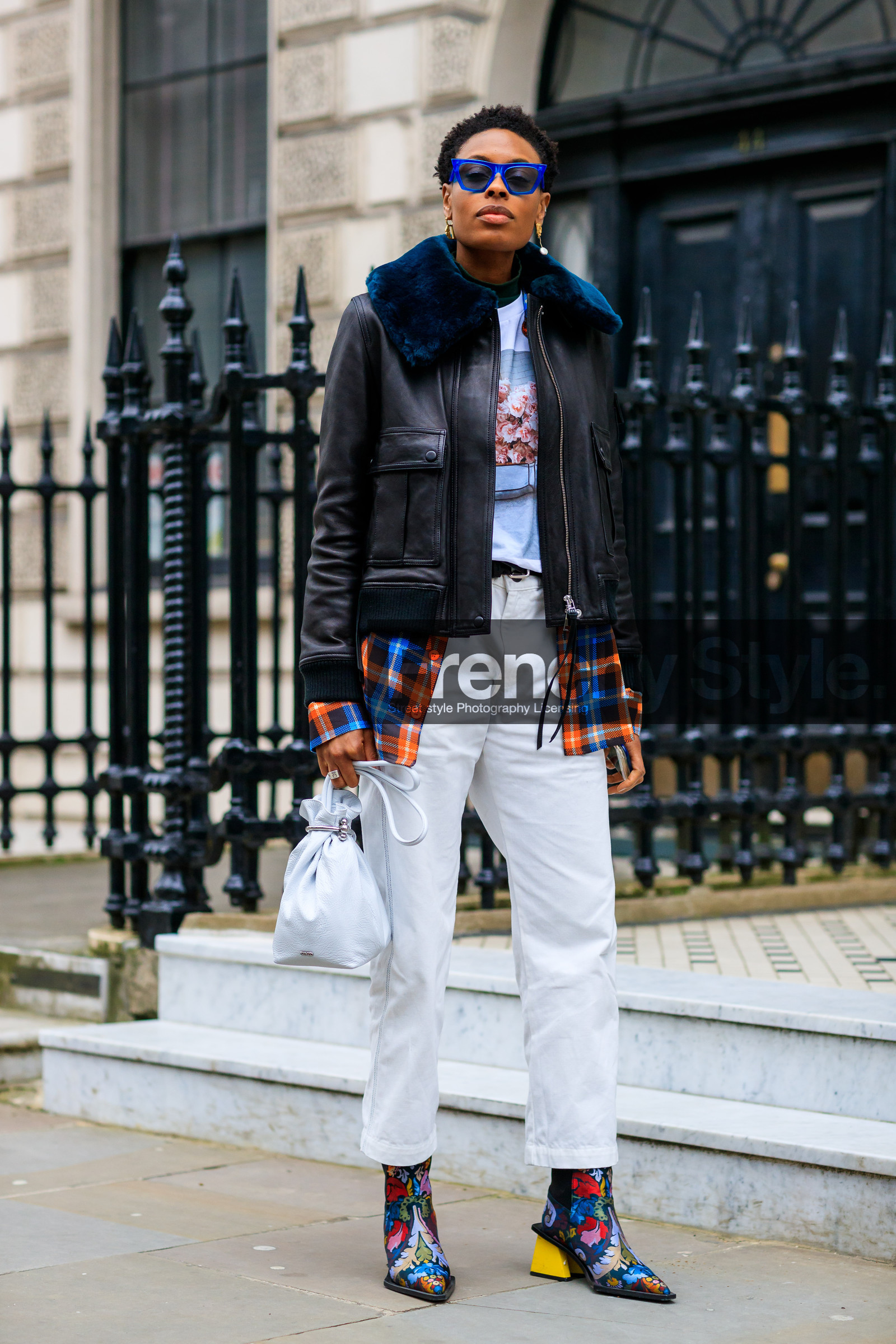 black jacket, checked shirt, earrings, fur collar, high heels, leather bag, leather jacket, leather shoes, multicolor shoes, printed shoes, sunglasses, trousers, white bag, white pants, yellow heels, street style, jonathan paciullo, FW, frenchystyle, fashion week, LFW, LONDON, AUTUMN WINTER 2018-2019, AW 18-19, FALL WINTER 2018-2019, FW 18-19, vertical, full length, donna wallace