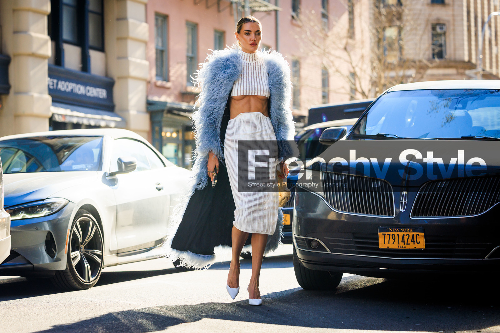white stilettos, furry pastel blue trench coat, bottega veneta cream bag, knitted midi white skirt, knitted white cropped top, Alina Baikova, fashion week, frenchystyle, FW, jonathan paciullo, street style, NYFW, NEW YORK, AUTUMN WINTER 2022-2023, FALL WINTER 2022_2023, FW 22-23, atmosphere details, horizontal, full length