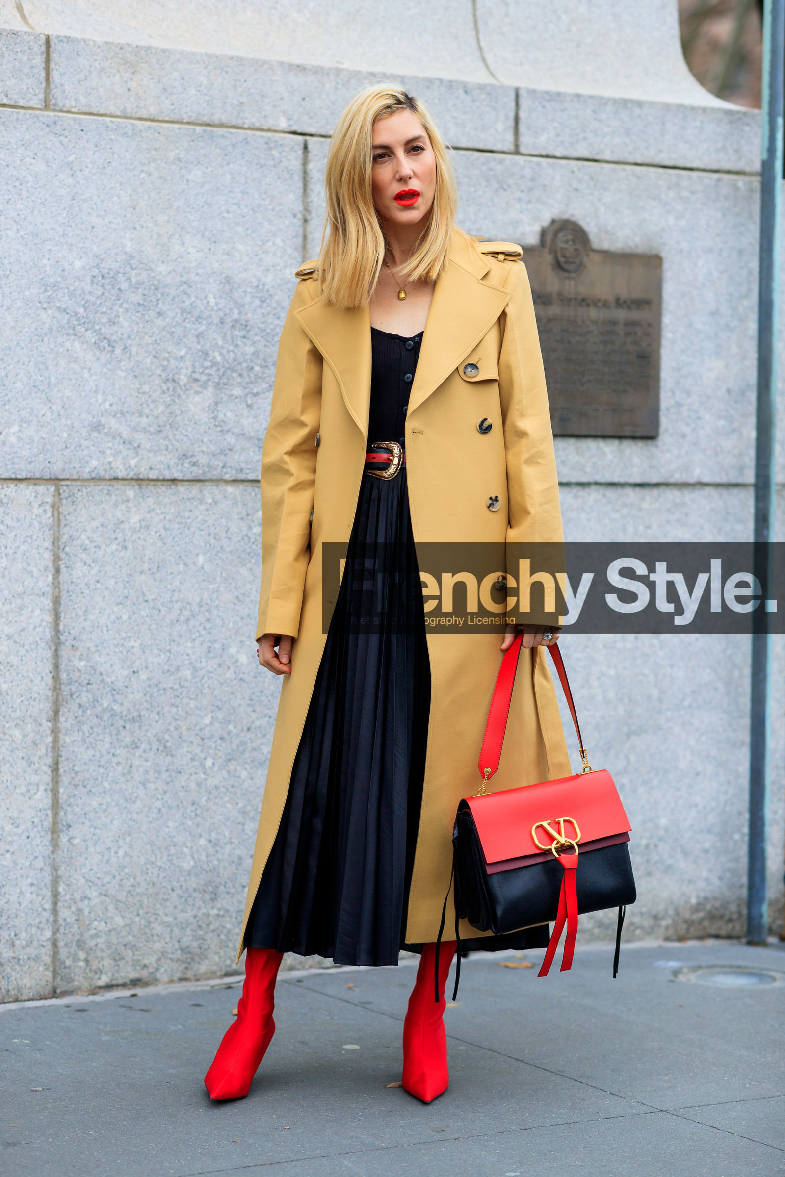 beige coat, black bag, black dress, graphic bag, high heels, joanna hillman, leather bag, leather shoes, printed bag, red bag, red boots, red lips, valentino, street style, jonathan paciullo, frenchystyle, NYFW, NEW YORK, AUTUMN WINTER 2019-2020, AW 19-20, FALL WINTER 2019-2020, FW 19-20, fashion week, FW, vertical, full length