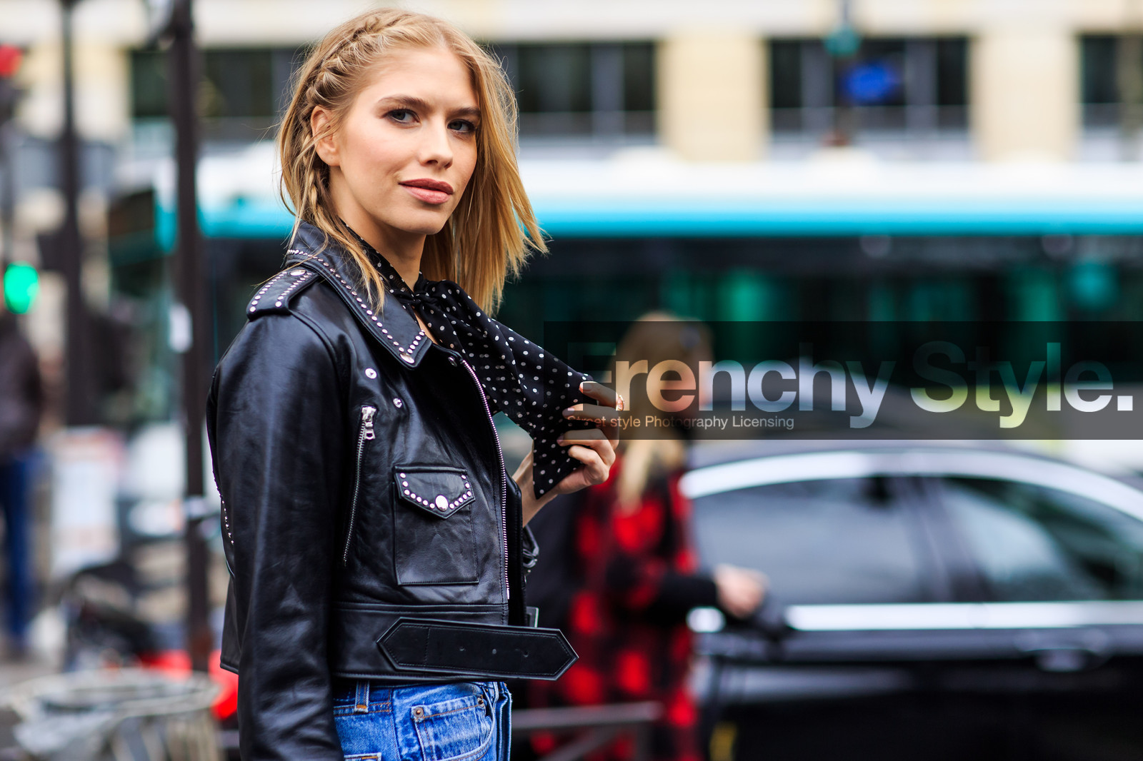 atmosphere details, AUTUMN WINTER 2016-2017, AW 16-17, black jacket, black perfecto, black scarf, blue denim, braids, denim pants, detail, elena perminova, FALL WINTER 2016-2017, fashion week, frenchystyle, FW, FW 16-17, horizontal, jeans, jonathan paciullo, leather jacket, leather perfecto, PARIS, PFW, polka dot, street style, studs, trousers