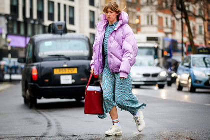 down jacket, green dress, leather bag, leather shoes, pink jacket, printed dress, red bag, white sneakers, street style, jonathan paciullo, FW, frenchystyle, fashion week, LFW, LONDON, AUTUMN WINTER 2018-2019, AW 18-19, FALL WINTER 2018-2019, FW 18-19, horizontal, atmosphere details, full length, Harriet Stewart