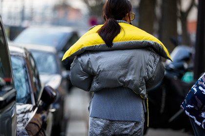 down jacket, graphic pants, grey jacket, grey pants, printed pants, sunglasses, trousers, yellow, fashion week, frenchystyle, FW, jonathan paciullo, street style, PFW, PARIS, AUTUMN WINTER 2018-2019, FALL WINTER 2018-2019, FW 18-19, horizontal, atmosphere details