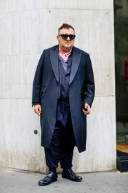 albert elbaz, black coat, black shoes, fashion week, frenchystyle, full length, FW, jonathan paciullo, leather shoes, PARIS, PFW, pink scarf, SPRING SUMMER 2017, SS 17, street style, striped pants, sunglasses, trousers, vertical
