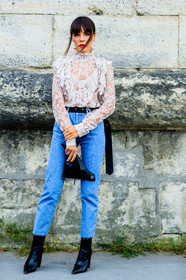 black bag, black belt, black boots, blue denim, denim pants, Evangelie Smyrniotaki, fashion week, frenchystyle, full length, FW, high heels, jeans, jonathan paciullo, lace top, leather bag, leather shoes, PARIS, PFW, SPRING SUMMER 2017, SS 17, street style, trousers, vertical, white top