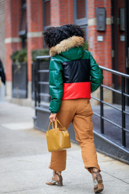 beige boots, brown denim, carhartt, denim pants, down jacket, fur collar, graphic jacket, high heels, jeans, leather bag, leather jacket, leather shoes, marc jacobs, printed jacket, printed shoes, trousers, yellow bag, street style, jonathan paciullo, FW, frenchystyle, fashion week, NYFW, NEW YORK, AUTUMN WINTER 2018-2019, AW 18-19, FALL WINTER 2018-2019, FW 18-19, vertical, full length