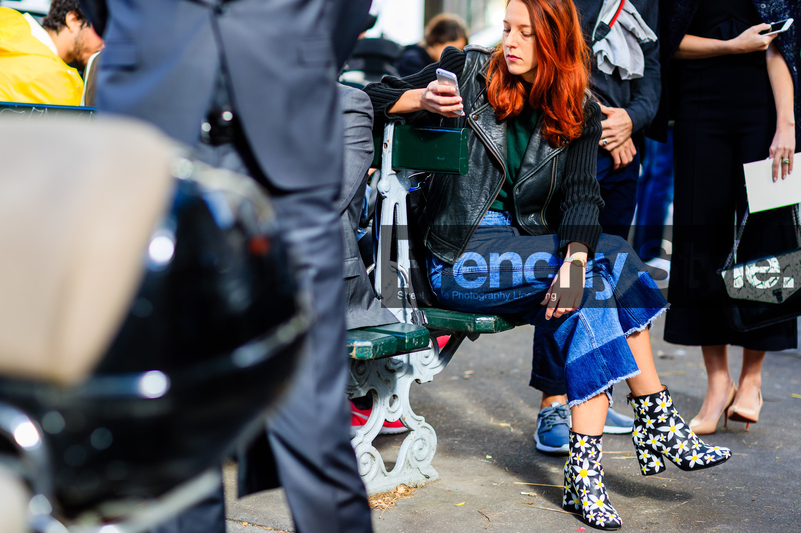 atmosphere details, black boots, black jacket, black perfecto, blue denim, denim pants, detail, fashion week, floral, flower, frenchystyle, FW, horizontal, jeans, jonathan paciullo, leather jacket, leather perfecto, leather shoes, maison martin margiela, PARIS, PFW, printed boots, SPRING SUMMER 2017, SS 17, street style, trousers