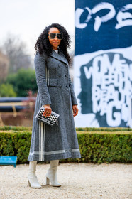 black and white bag, checked, christian dior, graphic bag, graphic jacket, grey coat, high heels, leather bag, leather shoes, plaid, printed bag, printed jacket, sunglasses, white boots, fashion week, frenchystyle, FW, jonathan paciullo, street style, PFW, PARIS, AUTUMN WINTER 2018-2019, FALL WINTER 2018-2019, FW 18-19, vertical, full length, shiona turini