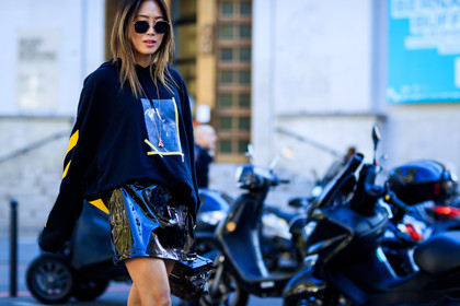 aimee song, atmosphere details, black skirt, black sweater, brown bag, detail, fashion week, frenchystyle, FW, horizontal, jonathan paciullo, leather skirt, louis vuitton, monogram, off white, PARIS, PFW, printed bag, printed sweater, SPRING SUMMER 2017, SS 17, street style, sunglasses