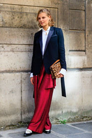 animal print, black jacket, blazer, claire beermann, fashion week, frenchystyle, full length, FW, jonathan paciullo, leather bag, leather shoes, leopard print, PARIS, PFW, polka dot, printed bag, printed pants, red pants, SPRING SUMMER 2017, SS 17, street style, trousers, vertical, white shirt
