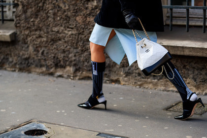 black and white bag, black gloves, black jacket, black shoes, black socks, blue skirt, chanel handbag, graphic bag, high heels, high socks, leather bag, leather gloves, leather shoes, prada, printed bag, turquoise, street style, jonathan paciullo, FW, frenchystyle, fashion week, PFW, PARIS, AUTUMN WINTER 2018-2019, FALL WINTER 2018-2019, FW 18-19, horizontal, atmosphere details, xenia van der woodsen