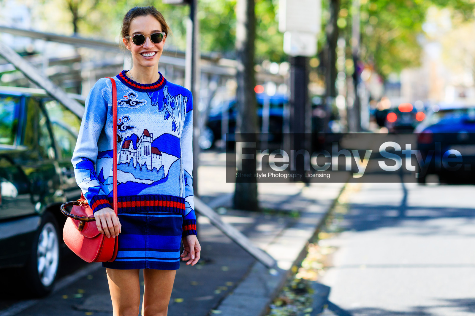 atmosphere details, blue sweater, detail, fashion week, frenchystyle, FW, graphic skirt, gucci, horizontal, jonathan paciullo, leather bag, micol sabbadini, PARIS, PFW, printed skirt, printed sweater, red bag, SPRING SUMMER 2017, SS 17, street style, striped skirt, sunglasses