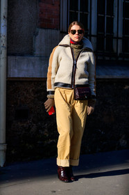 beige gloves, brown bag, brown boots, corduroy, crocodile, fur jacket, high heels, leather bag, leather shoes, shearling, sheep fur, sunglasses, trousers, white fur, yellow pants, street style, jonathan paciullo, FW, frenchystyle, fashion week, PFW, PARIS, AUTUMN WINTER 2018-2019, FALL WINTER 2018-2019, FW 18-19, vertical, full length, monica ainley