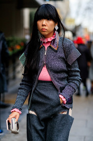 earrings, embroidered jacket, glitter, grey jacket, grey skirt, pink sweater, susie lau, LONDON, LFW, fashion week, frenchystyle, FW, jonathan paciullo, street style, AUTUMN WINTER 2019-2020, AW 19-20, FW 19-20, FALL WINTER 2019-2020, vertical, atmosphere details, detail