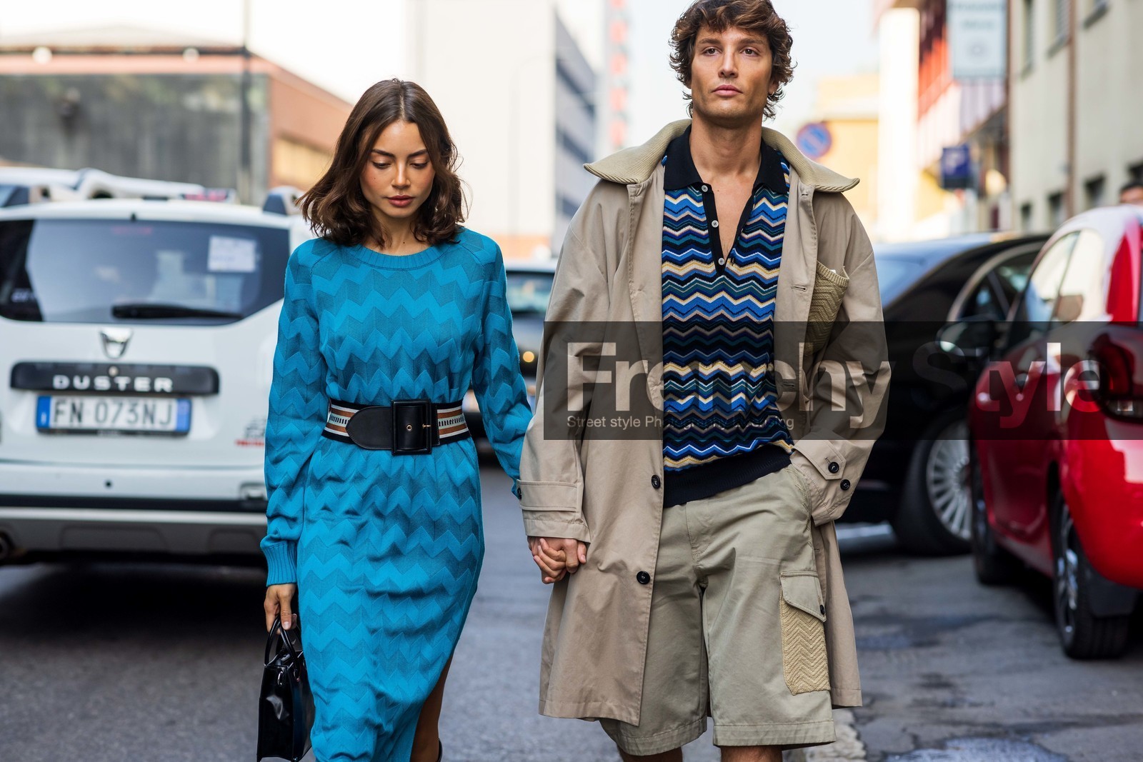 Alex Sanchez de Mora, beige short, beige trench, black bag, blue dress, Clara Aparicio, color, couple, dress, duo, knitted dress, large belt, leather bag, long dress menswear, missoni look, printed belt, printed dress, printed polo, wool dress, print, fashion week, frenchystyle, FW, jonathan paciullo, street style, MFW, MILAN, SPRING SUMMER 2022, SS 22, horizontal, atmosphere details, detail