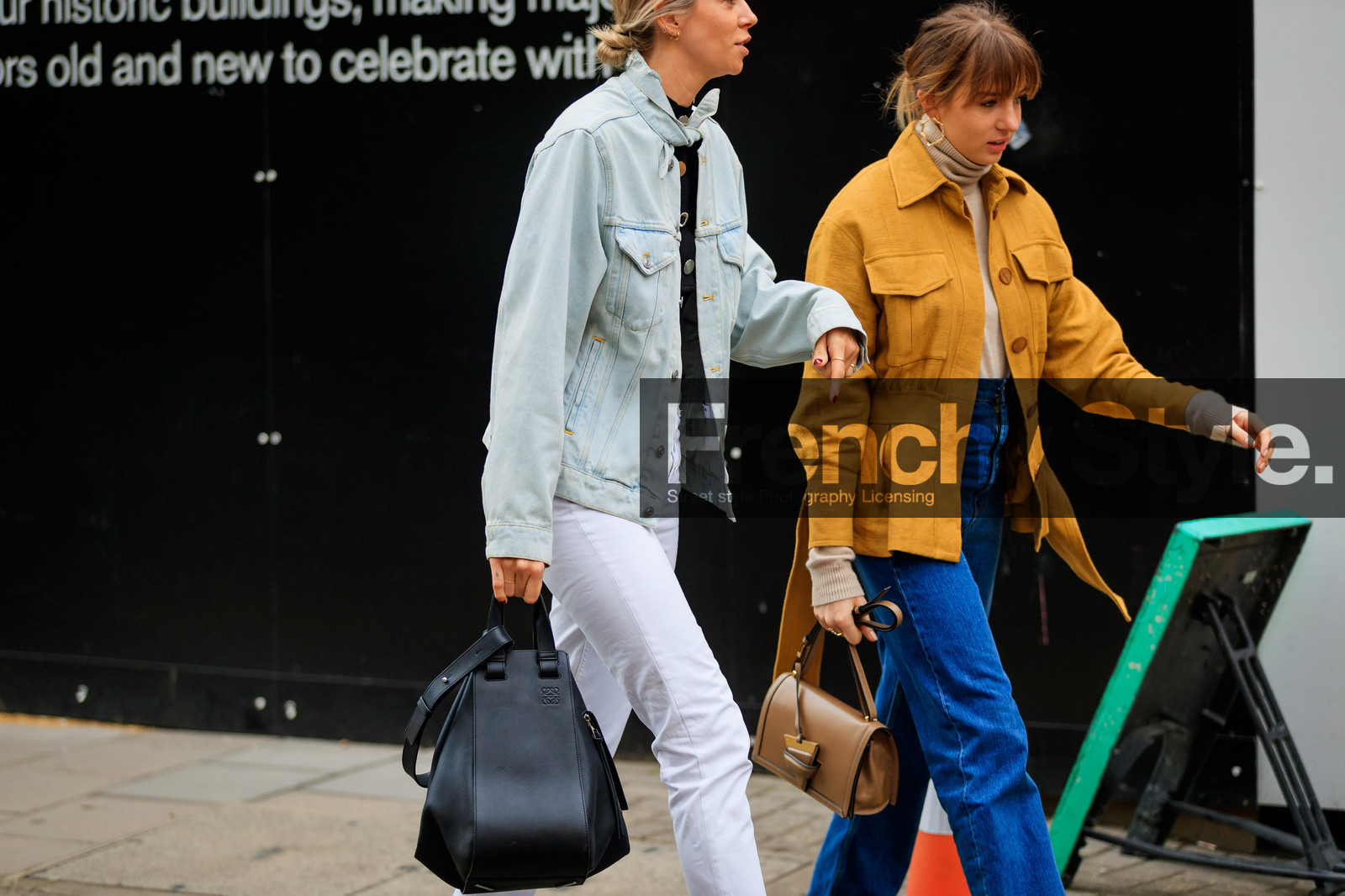 black bag, blue denim, brown bag, denim jacket, denim pants, jeans, jw anderson, leather bag, loewe, trousers, white pants, yellow jacket, street style, jonathan paciullo, FW, frenchystyle, fashion week, LFW, LONDON, AUTUMN WINTER 2018-2019, AW 18-19, FALL WINTER 2018-2019, FW 18-19, horizontal, atmosphere details, detail
