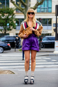jeanette madsen, beige cardigan, camel cardigan, strassed cardigan, striped cardigan, burgundy cardigan, low necked cardigan, camel leather clutch, purple leather shorts, high waist shorts, light beige socks, black sandals, floral printed shoes, floral printed sandals, red sandals, platform sandals, black sunglasses, miu miu cardigan, miu miu look, miu miu shorts, miu miu shoes, fashion week, frenchystyle, FW, jonathan paciullo, street style, PFW, PARIS, vertical, full length