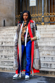 animal print, blue denim, braids, denim pants, Fur coat, graphic jacket, jeans, leather shoes, natural fur, printed jacket, printed sweater, stella mccartney, trousers, white shoes, street style, jonathan paciullo, FW, frenchystyle, fashion week, PFW, PARIS, AUTUMN WINTER 2018-2019, FALL WINTER 2018-2019, FW 18-19, vertical, full length, selah marley