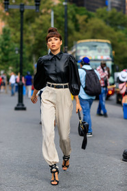 beige pants, black belt, black shirt, black shoes, high heels, high waist, leather shirt, leather shoes, trousers, street style, jonathan paciullo, FW, frenchystyle, fashion week, NEW YORK, NYFW, SPRING SUMMER 2020, SS 20, vertical, full length