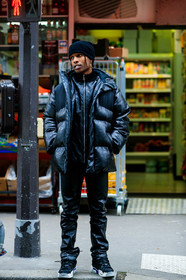 asap rocky, black leather coat, black leather pants, monogrammed coat, monogrammed pants, zipped coat, down jacket, black hat, woolen hat, marine serre coat, marine serre look, marine serre pants, black leather sneakers, fashion week, frenchystyle, FW, jonathan paciullo, street style, PFW, PARIS, AUTUMN WINTER 2020-2021, FALL WINTER 2020-2021, FW 20-21, vertical, full length