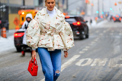 blue denim, christian dior, denim pants, earrings, embroidered jacket, floral, flowers, graphic jacket, jeans, leather bag, printed jacket, red bag, sarah ellen, trousers, turtleneck sweater, white jacket, white sweater, street style, jonathan paciullo, frenchystyle, NYFW, NEW YORK, AUTUMN WINTER 2019-2020, AW 19-20, FALL WINTER 2019-2020, FW 19-20, FW, fashion week, atmosphere details, horizontal, detail