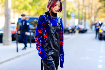 atmosphere details, black overall, blue sweater, detail, dyed hair, fashion week, frenchystyle, FW, horizontal, irene kim, jonathan paciullo, leather overall, PARIS, PFW, pink hair, printed sweater, red hair, sacai, SPRING SUMMER 2017, SS 17, street style, trousers