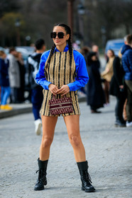 tamara kalinic, blue shirt, plaited hair, dior bag, dior sunglasses, big sunglasses, square shape glasses, beige jumpsuit, black jumpsuit, striped jumpsuit, sleeveless jumpsuit, short jumpsuit, burgundy bag, monogrammed bag, mini bag, hand bag, black leather boots, laced boots, flat boots, openwork boots, fishnet shoes, dior boots, fashion week, frenchystyle, FW, jonathan paciullo, street style, PFW, PARIS, AUTUMN WINTER 2020-2021, FALL WINTER 2020-2021, FW 20-21, vertical, full length