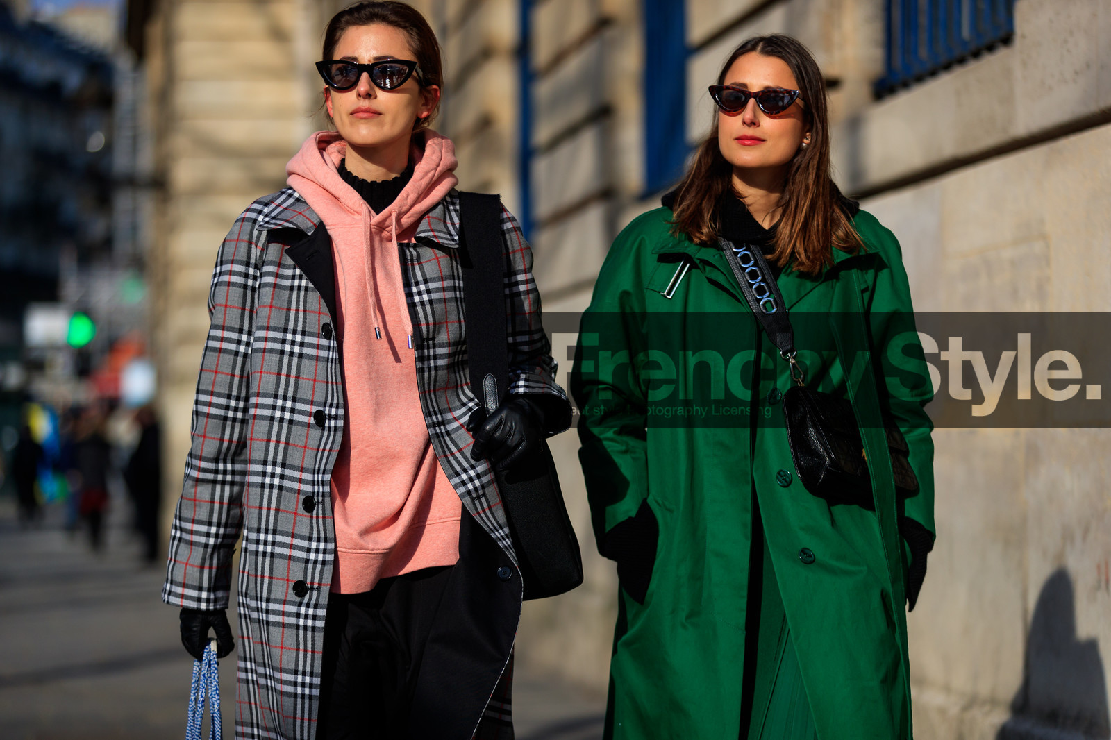 black bag, checked, graphic jacket, green coat, grey coat, hoodie, leather bag, pink sweater, plaid, printed jacket, sunglasses, tartan, trousers, street style, jonathan paciullo, FW, frenchystyle, fashion week, PFW, PARIS, AUTUMN WINTER 2018-2019, FALL WINTER 2018-2019, FW 18-19, horizontal, atmosphere details, julia haghjoo, sylvia haghjoo