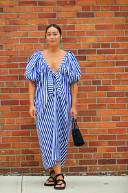 black bag, black shoes, blue dress, earrings, graphic dress, leather bag, leather shoes, printed dress, rachael wang, striped dress, street style, jonathan paciullo, FW, frenchystyle, fashion week, NEW YORK, NYFW, SPRING SUMMER 2020, SS 20, vertical, full length