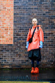 black bag, black leggings, black skirt, high heels, leather bag, leather shoes, orange jacket, orange shoes, rain jacket, striped shirt, street style, jonathan paciullo, FW, frenchystyle, fashion week, LFW, LONDON, AUTUMN WINTER 2018-2019, AW 18-19, FALL WINTER 2018-2019, FW 18-19, vertical, full length, model