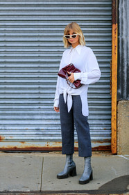 grey boots, grey pants, high heels, leather shoes, red bag, sunglasses, trousers, white shirt, xnenia adonts, street style, jonathan paciullo, FW, frenchystyle, fashion week, NEW YORK, NYFW, SPRING SUMMER 2020, SS 20, vertical, full length