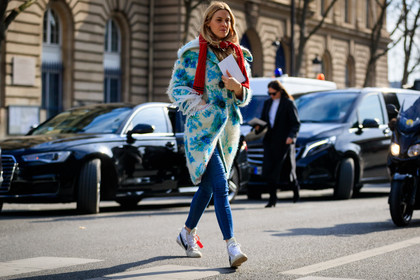 blue denim, denim pants, floral, flowers, graphic jacket, jeans, leather shoes, nike, printed jacket, red scarf, trousers, turquoise, white coat, white sneakers, street style, jonathan paciullo, FW, frenchystyle, fashion week, PFW, PARIS, AUTUMN WINTER 2018-2019, FALL WINTER 2018-2019, FW 18-19, horizontal, atmosphere details, full length