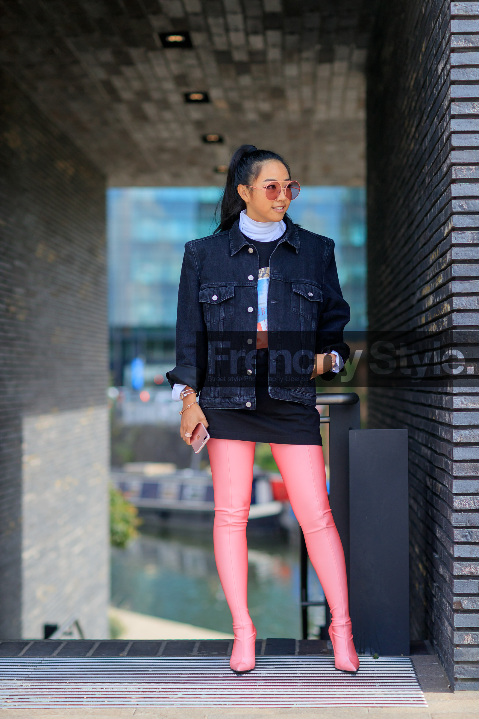 balenciaga, black denim, black jacket, black sweater, blazer, denim jacket, fashion week, frenchystyle, full length, FW, high heels, jonathan paciullo, leather shoes, LFW, LONDON, pink shoes, printed sweater, SPRING SUMMER 2018, SS 18, street style, tights, versace, vertical, yuwei zhangzou, yuyu zhangzou
