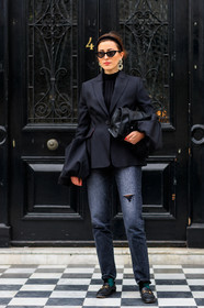 black bag, black denim, black jacket, black shoes, black sweater, blazer, denim pants, earrings, gucci, jeans, leather bag, leather shoes, loafers, miu miu, sunglasses, trousers, street style, jonathan paciullo, FW, frenchystyle, fashion week, LFW, LONDON, AUTUMN WINTER 2018-2019, AW 18-19, FALL WINTER 2018-2019, FW 18-19, vertical, full length, julia haghjoo