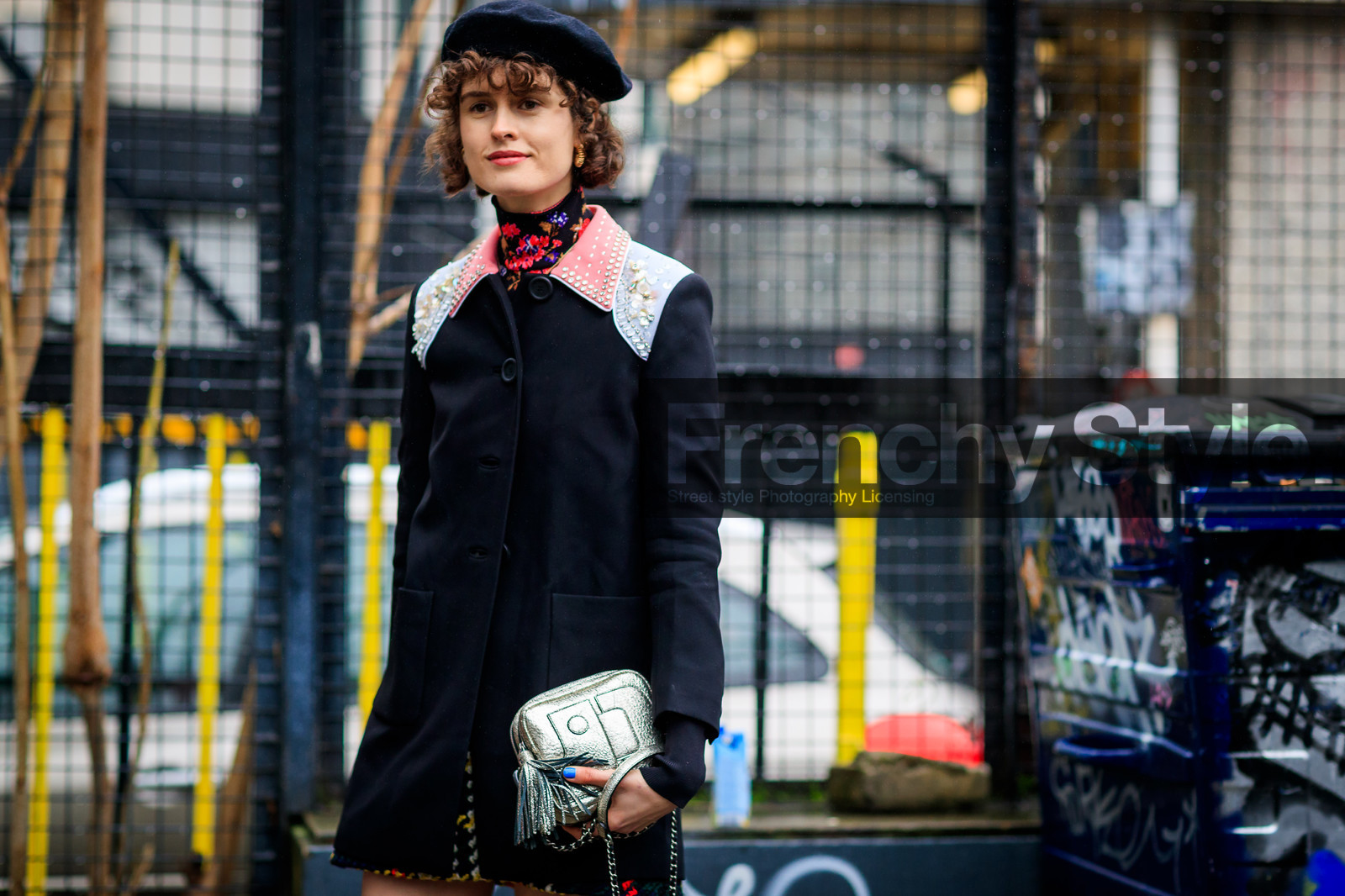 beret, black coat, black skirt, checked, graphic jacket, graphic skirt, houndstooth pattern, leather bag, miu miu, plaid, printed jacket, printed skirt, silver bag, street style, jonathan paciullo, FW, frenchystyle, fashion week, LFW, LONDON, AUTUMN WINTER 2018-2019, AW 18-19, FALL WINTER 2018-2019, FW 18-19, horizontal, atmosphere details, detail, chloe hill