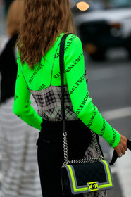 balenciaga, black bag, black sweater, chanel handbag, checked, graphic dress, graphic top, green top, grey dress, jessica minkoff, leather bag, monogram, plaid, printed dress, printed top, tied up sweater, street style, jonathan paciullo, FW, frenchystyle, fashion week, NEW YORK, NYFW, SPRING SUMMER 2020, SS 20, vertical, detail, atmosphere details