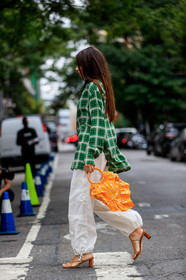 brown shoes, checked, floral, flowers, graphic bag, graphic jacket, graphic shirt, green shirt, high heels, leather shoes, orange bag, plaid, printed bag, printed jacket, printed shirt, trousers, white pants, street style, jonathan paciullo, FW, frenchystyle, fashion week, NEW YORK, NYFW, SPRING SUMMER 2020, SS 20, vertical, full length