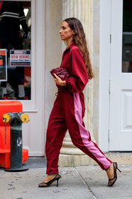 black shoes, bordeaux, bottega veneta, burgundy, erika boldrin, fishnet, graphic pants, high heels, leather bag, leather shoes, printed pants, red bag, red jumpsuit, tracksuit, trousers, street style, jonathan paciullo, FW, frenchystyle, fashion week, NEW YORK, NYFW, SPRING SUMMER 2020, SS 20, vertical, full length