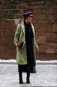 black dress, black hat, black shoes, brown bag, earrings, graphic bag, graphic jacket, green coat, high boots, leather bag, leather shoes, printed bag, printed jacket, sequined bag, velvet, street style, jonathan paciullo, frenchystyle, NYFW, NEW YORK, AUTUMN WINTER 2019-2020, AW 19-20, FALL WINTER 2019-2020, FW 19-20, fashion week, FW, vertical, full length