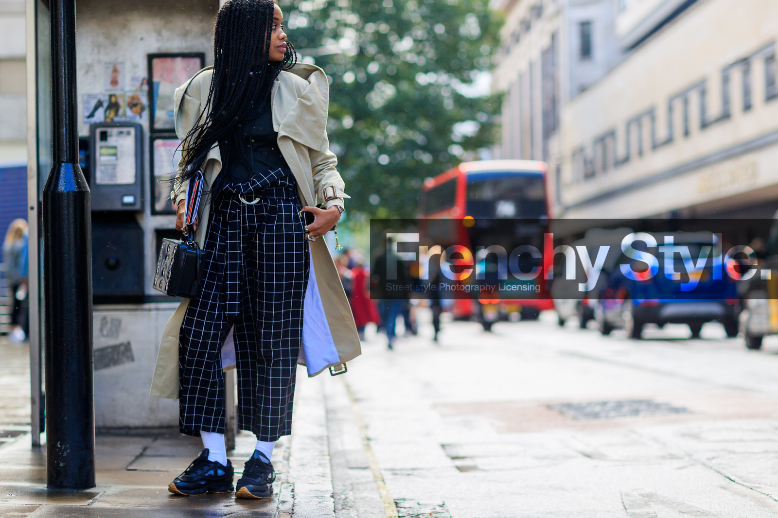 atmosphere details, balenciaga, beige coat, black bag, black pants, black shoes, black sneakers, checked pants, detail, fashion week, frenchystyle, FW, graphic bag, graphic pants, horizontal, jan-michael quammie, jonathan paciullo, leather bag, leather shoes, LFW, LONDON, plaid, printed pants, SPRING SUMMER 2018, SS 18, street style, trench coat, trousers
