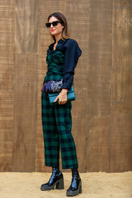 gala gonzalez, black sunglasses, square shape glasses, black shirt, black top, black pants, black leather boots, black polish boots, big sole boots, platform shoes, green top, green pants, checked pants, checked top, balloon sleeves, strapless top, silk scarf, monogrammed scarf, blue scarf, green leather bag, 30 montaigne bag, drape top, cropped pants, dior bag, dior pants, dior shirt, dior top, dior total look, fashion week, frenchystyle, FW, jonathan paciullo, street style, SPRING SUMMER 2020, SS 20, PFW, PARIS, vertical, full length