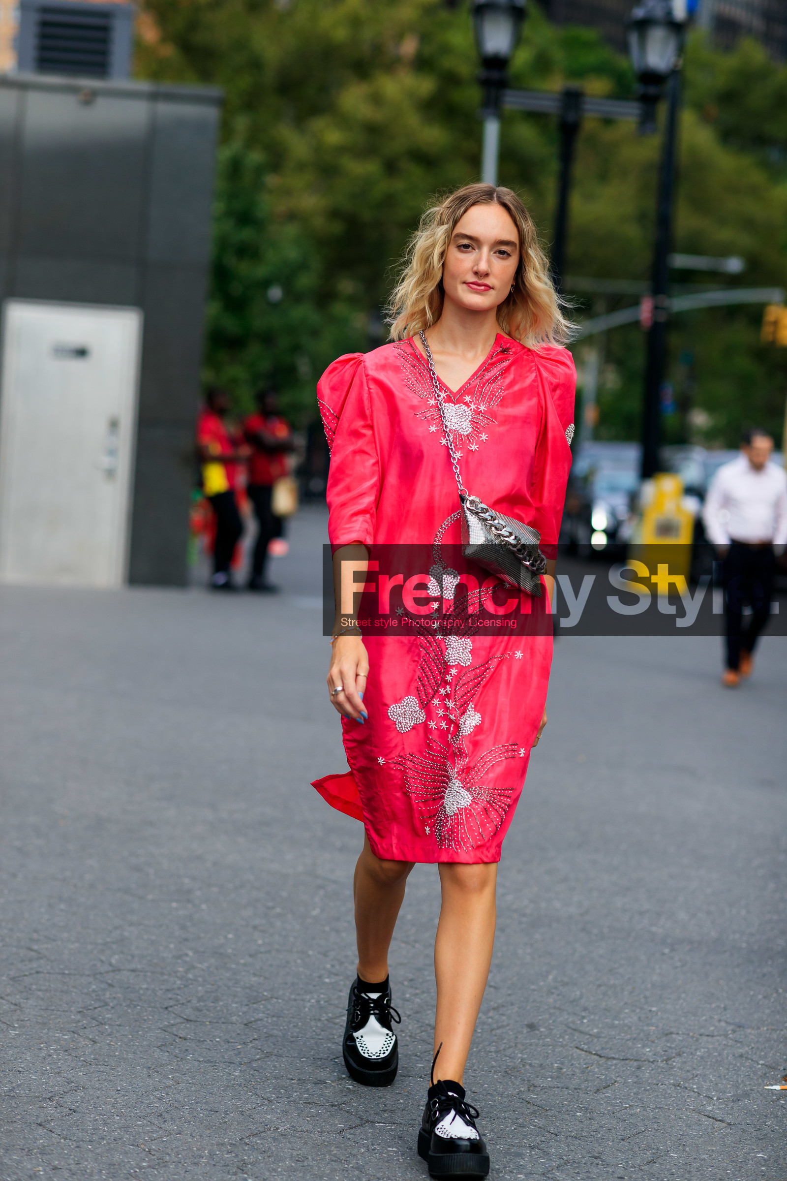 black and white shoes, black shoes, floral, flowers, graphic dress, hannah baxter, leather shoes, pink dress, printed dress, sequined bag, shiny bag, silver bag, street style, jonathan paciullo, FW, frenchystyle, fashion week, NEW YORK, NYFW, SPRING SUMMER 2020, SS 20, vertical, full length