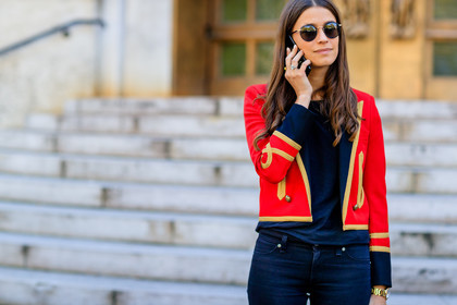 amanda weiner, atmosphere details, black denim, denim pants, detail, embroidered jacket, fashion week, frenchystyle, FW, golden details, horizontal, jeans, jonathan paciullo, PARIS, PFW, red jacket, SPRING SUMMER 2017, SS 17, street style, sunglasses, trousers