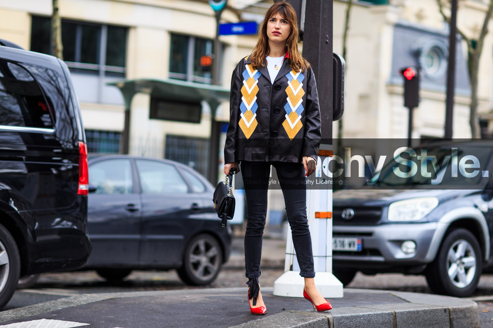 atmosphere details, AUTUMN WINTER 2016-2017, AW 16-17, black bag, black denim, black jacket, denim pants, embroidered jacket, FALL WINTER 2016-2017, fashion week, frenchystyle, full length, FW, FW 16-17, high heels, horizontal, jeanne damas, jeans, jonathan paciullo, leather bag, leather shoes, miu miu, PARIS, PFW, printed jacket, red shoes, street style, trousers