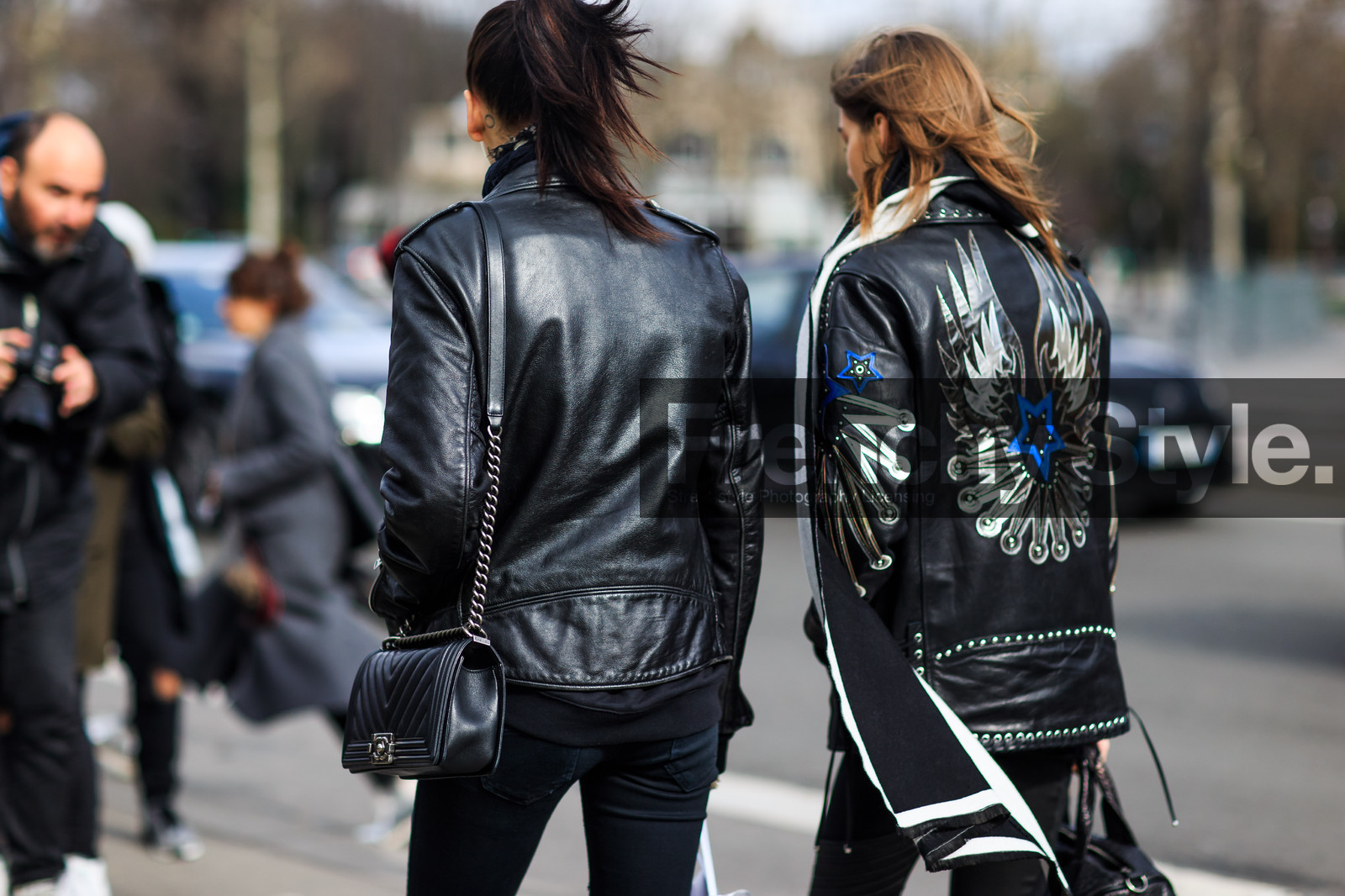 atmosphere details, AUTUMN WINTER 2016-2017, AW 16-17, back detail, black bag, black denim, black jacket, black perfecto, black scarf, boy bag, chanel, denim pants, detail, FALL WINTER 2016-2017, fashion week, frenchystyle, FW, FW 16-17, horizontal, jeans, jonathan paciullo, leather bag, leather jacket, leather perfecto, model, PARIS, PFW, printed jacket, street style, trousers