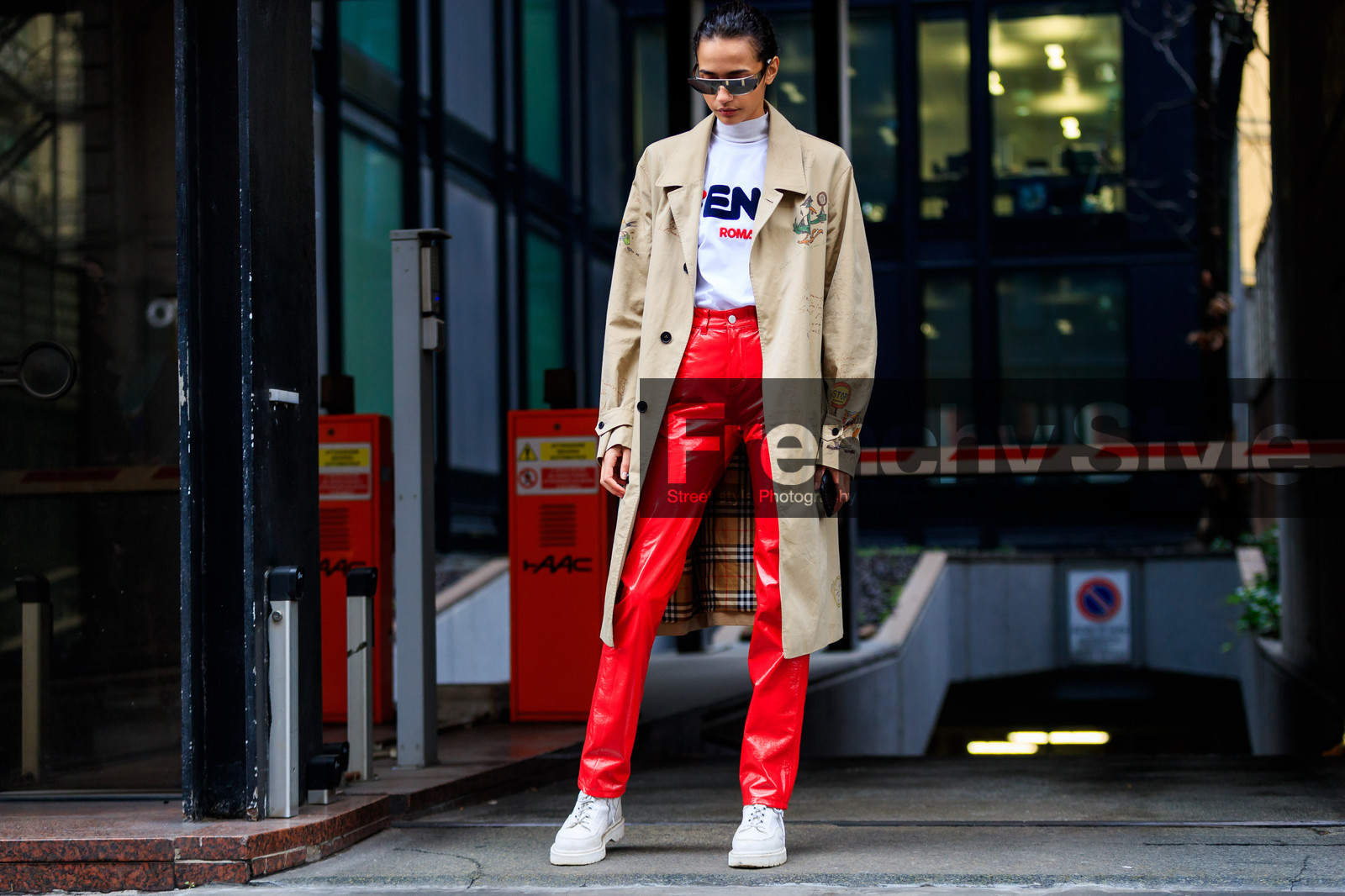 beige coat, burberry, cartoon, drawings, graphic jacket, leather pants, leather shoes, printed jacket, printed sweater, red pants, sunglasses, trench coat, trousers, white boots, white sweater, fashion week, frenchystyle, FW, jonathan paciullo, street style, MFW, MILAN, AUTUMN WINTER 2018-2019, FALL WINTER 2018-2019, FW 18-19, horizontal, atmosphere details, full length, model, fernanda oliveira