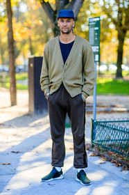 blue cap, brown pants, earrings, fashion week, frenchystyle, full length, FW, green cardigan, green sneakers, jonathan paciullo, julien boudet, lacoste, leather shoes, PARIS, PFW, SPRING SUMMER 2017, SS 17, street style, trousers, vertical