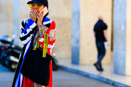 atmosphere details, black bag, black cap, christina paik, detail, fashion week, frenchystyle, FW, graphic coat, horizontal, jonathan paciullo, leather bag, off white, PARIS, PFW, printed coat, SPRING SUMMER 2017, SS 17, street style, striped coat, sunglasses, tattoos