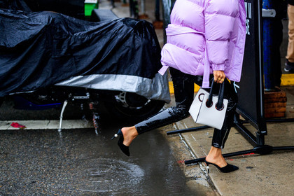 black and white bag, black mules, black pants, black shoes, chanel, down jacket, graphic bag, high heels, leather bag, leather pants, leather shoes, printed bag, purple jacket, trousers, vinyl, street style, jonathan paciullo, FW, frenchystyle, fashion week, NYFW, NEW YORK, AUTUMN WINTER 2018-2019, AW 18-19, FALL WINTER 2018-2019, FW 18-19, atmosphere details, horizontal, detail, vanessa hong