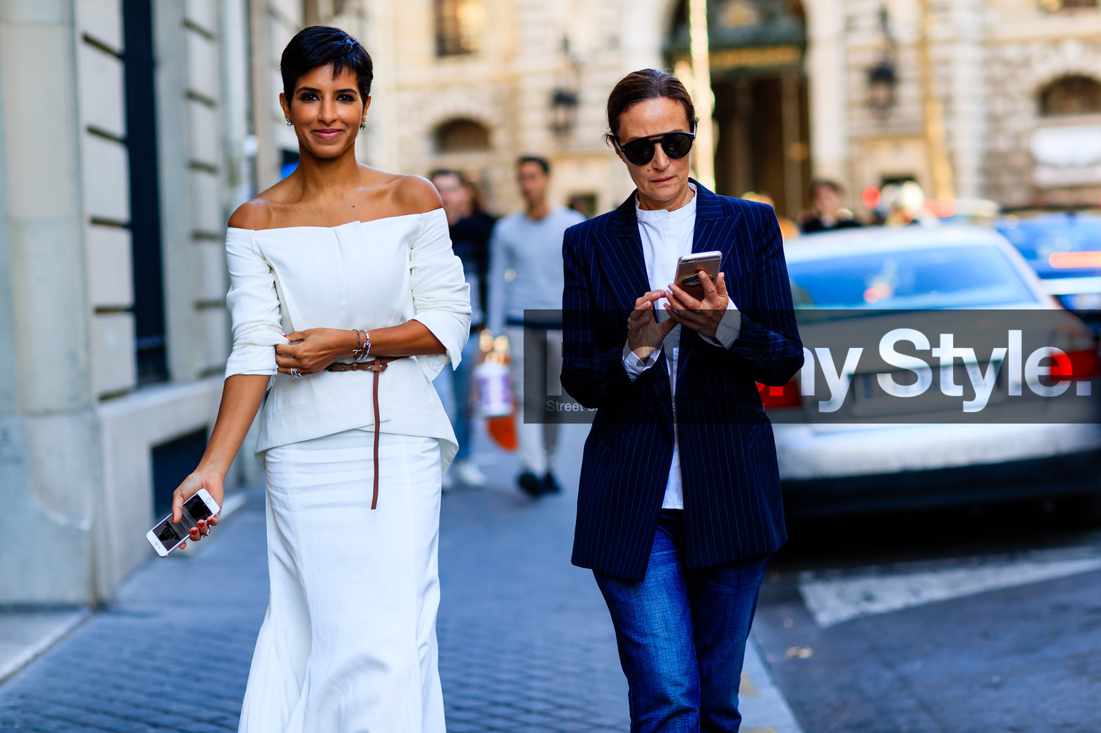 atmosphere details, blazer, blue denim, brown belt, deena abdulaziz, denim pants, detail, fashion week, frenchystyle, FW, horizontal, jeans, jonathan paciullo, leather belt, navy jacket, off the shoulder, PARIS, PFW, SPRING SUMMER 2017, SS 17, street style, sunglasses, trousers, white skirt, white top